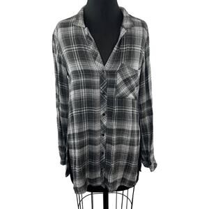 BELLA DAHL Gray White Plaid Button-Up V-Neck Long Sleeve Relaxed Shirt Top XS